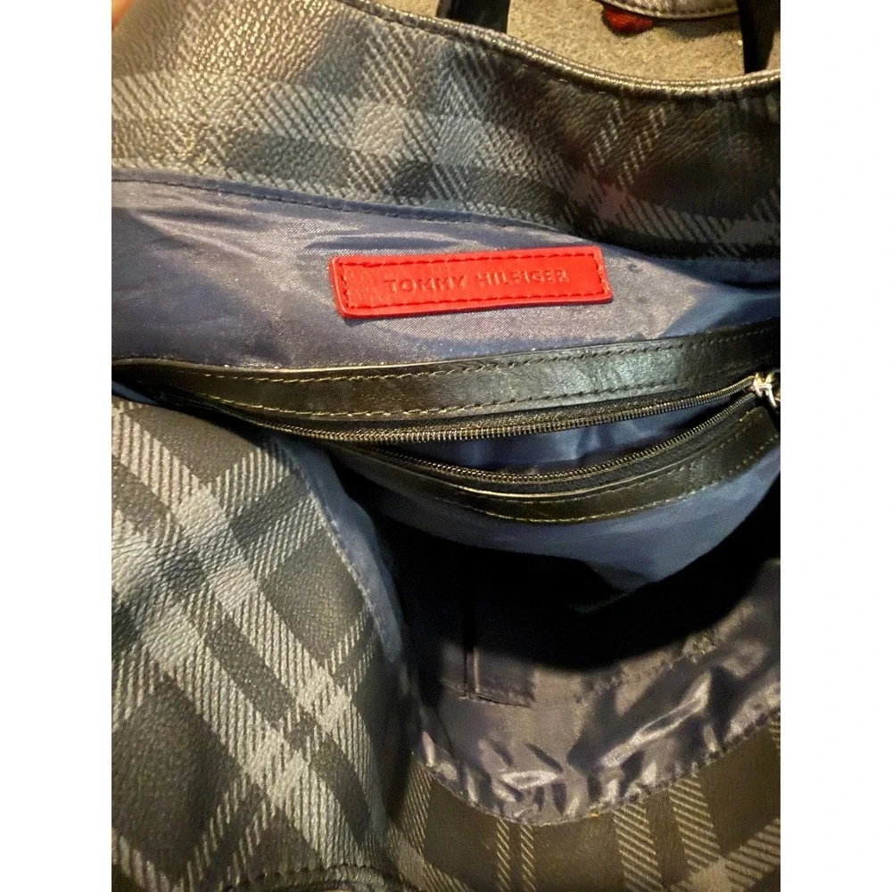 Tommy Hilfiger Plaid Hobo Shoulder Bag Black Gray Silver Buckle